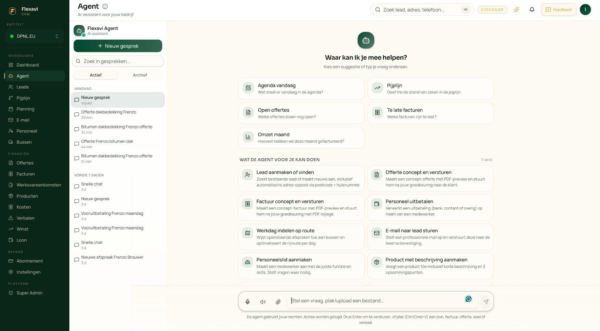 Flexavi AI agent met suggesties voor pijplijn, omzet en openstaande facturen
